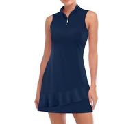 Viracy Tennis Dress for Women Sleeveless Golf Dresses with Shorts and Pockets Ruffle Zip Up Stand Collar Golf Outfits, Solid Dark Blue, S