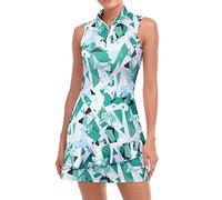 Viracy Tennis Dress for Women Sleeveless Golf Dresses with Shorts and Pockets Ruffle Zip Up Stand Collar Golf Outfits, Green Geometry, S