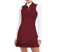 Viracy Tennis Dress for Women Sleeveless Golf Dresses with Shorts and Pockets Ruffle Zip Up Stand Collar Golf Outfits, Thickening-dark Red, S