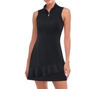 Viracy Tennis Dress for Women Sleeveless Golf Dresses with Shorts and Pockets Ruffle Zip Up Stand Collar Golf Outfits, Solid Black, S