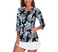Viracy Women's Golf Shirts 3/4 Sleeve Sun Protection Quarter Zip with Zipper Pockets Athletic Polo Workout Tops S-2XL, Pasley Black, S
