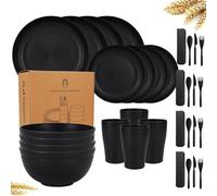 VIRAHYEM 32 Pieces Plastic Dinnerware Set, Unbreakable Tableware Sets, Plastic Plates and Bowls Set, Microwave & Dishwasher Safe, Reusable Tableware for Camping, Picnics and Everyday Use (Black)