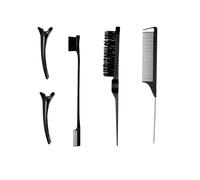 VIRAHYEM 5 Pcs Slick Back Hair Brush Set, Plastic Bristle Teasing Comb & Edge Brush Set, Rat Tail Comb with Double Sided Edge Brushes for Women Baby Children, Hair Salon Styling Tools