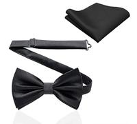 VIRAHYEM Men's Bow Tie and Pocket Square Set, Classic Solid Color Pre-Tied Bow Tie for Men, Two Layer Satin Tux Bowtie, Adjustable Formal Neck Bowtie for Dinners, Parties, Wedding (Black Bow Tie Set)