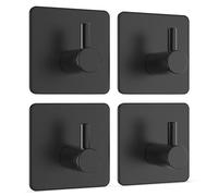 virea Self-Adhesive Wall Hooks Without Drilling Set of 4 in Black - Waterproof Adhesive Hooks Made of Stainless Steel - Adhesive Force up to 8 kg - for e.g. Bath & Kitchen or Bathrobes & Towels