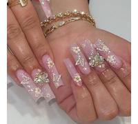 Virellay Pack of 24 3D Butterfly Flowers Artificial Nails - Long Ballet Shaped French Fake Nails Decorated with Rhinestones Glitter Artificial Nails - for DIY Nail Design for Women (Pink Flower)