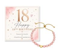 Virelle 18th Birthday Bracelet Gift, Rose Quartz Bead Adjustable Slider Chain with Gold Heart Charm, Milestone Jewellery for Daughter Granddaughter Young Adult