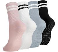 Virelle 4-Pack Pilates Grip Socks for Women - Non Slip Yoga & Dance Sock with Grips - Breathable Cotton Mid-Calf Fitness Socks for Reformer Pilates, Ballet, Workout & Running