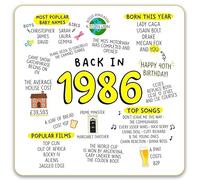 Virelle Funny 40th Birthday Ceramic Coasters with Cork Backing, 1986 Retro Theme, Unique 40th Gift for Men Women, Nostalgic Present for Friend, Mum, Dad, Him Her, Square