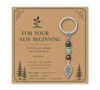 Virelle New Beginning Crystal Keychain Keyring, Moss Agate Tiger Eye Green Aventurine Bead Pendant, Vintage Metal Leaf Charm, New Job Gift Coworker Friend, Fresh Start Encouragement Token