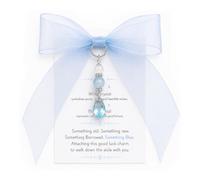 Virelle Something Blue Wedding Charm for Bride, Crystal Bouquet Pendant with Light Blue Organza Bow, Silver Hanging Ring Attachable to Gown, Garter or Shoes, Keepsake Gift with Rhyme Card
