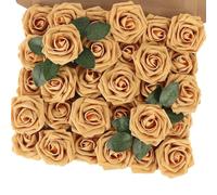 VIRELLO 25 Pack Artificial Foam Roses with Stems, Realistic Latex Flowers for Wedding DIY Crafts Home Decor, 7.8cm Head 20cm Stem Red White Yellow Gold