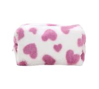 Virelynx Fuzzy Makeup Bag - Fluffy Plush Zipper Cosmetic Pouch with Heart Pattern, Cute Pencil Case Travel Toiletry Bag for Women Girls