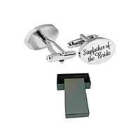 Virens Empourium Men's Wedding Cufflinks BOXED SILVER OVAL Cufflink, Groom Best Man Usher Page Boy and Many More Titles, Gift Box with Every Pair of Cuff Link (STEPFATHER OF THE BRIDE)