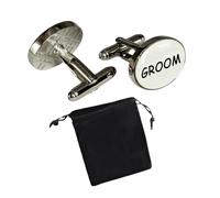 Virens Empourium Men's Wedding Cufflinks WHITE OVAL Cufflink, Groom Best Man Usher Page Boy and Many More Titles, Gift Pouch with Every Pair of Cuff Link (Groom)