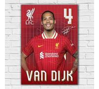 Virgil van Dijk No.4 Signed Autographed Portrait Poster Print - Liverpool F.C. Captain - Red Jersey Edition with Signature & Name Banner - Football Memorabilia, A4 Poster + White Frame