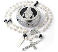Virgin Mary Alloy Rosary Beads - Comes with A Jewelry Box, 6mm Glass Pearl Beads Catholic Rosary Necklace, First Communion Gifts (White)