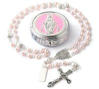 Virgin Mary Alloy Rosary Beads - Comes with A Jewelry Box, 6mm Glass Pearl Beads Catholic Rosary Necklace, First Communion Gifts (Pink)