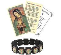 Virgin Mary Bracelet - Our Lady Of Guadalupe Card, The Lord's Prayer - Black Wood Virgen De Guadalupe Bracelet with Catholic Holy Cards - Set of 3 Items