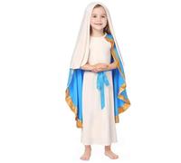 Virgin Mary Costume Girls Saint Mary Biblical Halloween Costume Outfit Kids Robe Dress Cosplay Dress Set (White, 7-8 Years)