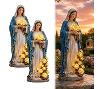 Virgin Mary Garden Light, Solar Outdoor Virgin Mary Garden Statue with LED Glowing Roses, Blessed Mother Garden Statue for Catholic Garden Decor, Memorial Gift for Women, Mom and Grandma (2pcs)