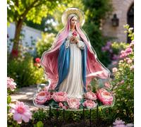 Virgin Mary Garden Stake for Religious Yard Decorations, Outdoor Madonna Statue Alternative with Elegant Pink Flowers, Blessed Mother Acrylic Sign for Catholic Patio Decor and Christian Memorial Gift