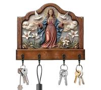 Virgin Mary Key Holder Wall Mount | Wooden 4 Angle Devotional Hanger with Shelf, Guadalupe Key Organizer - For Catholic Home Entrance Bedroom Dormitory Gift