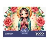 Virgin Mary Roses 1000 Pieces Puzzle for Home Wall Decor -Chibi Girl Framed by Red Roses Fun Present & Activity for Adults Kids Great Gift Idea52x38cm/1000pcs