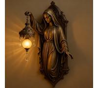 Virgin Mary Wall Lamp, 7.9" Vintage Resin Wall Sconce, Warm Ambient Night Light for Bedroom, Living Room, Hallway, Prayer Room, Sacred Art Figurine Decor, Antique Bronze Finish(#D)