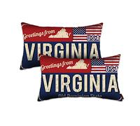 Virginia Throw Pillow Cover 12x20 Set of 2, Virginia Decor Gift Souvenir, American Flag License Plate Lumbar Pillowcase, Greetings from Old Dominion State(VA, USA) - Cushion Case Sham, No Inserts