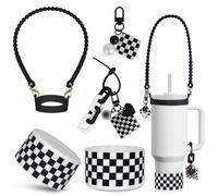 VirgoCCY 4PCS Stanley Cup Accessories Set 30&40 Oz, Includes 1pcs Checkered Pattern Silicone Boot, 2 Cute Checkered Chain Hanging Charms and 1 Water Bottle Handle Strap, Black&White