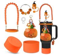 VirgoCCY 5PCS Halloween Stanley Cup Accessories Set 30&40 Oz, Includes 1pcs 0.4in Straw Covers, 1 Water Bottle Handle Strap, 2 Cute Pumpkins Charms and 1 Silicone Boot, Orange