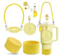 VirgoCCY 5PCS Lemon Stanley Cup Accessories, Water Bottle Handle Strap for Stanley 30/40 oz, Including Straw Toppers, Silicone Cup Boot, Keychain Charms, Cup Decoration for Women Girls, Yellow