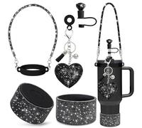 VirgoCCY 5PCS Stanley Cup Accessories Set 30&40 Oz, Includes 1 Diamond Glitter Silicone Boot, 1 Glitter Handle Strap, 1 Straw Covers,1 Straw Adapters Charm Blank with 1 Glitter Charms, Black