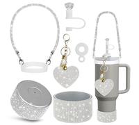 VirgoCCY 5PCS Stanley Cup Accessories Set 30&40 Oz, Includes 1 Diamond Glitter Silicone Boot, 1 Glitter Handle Strap, 1 Straw Covers,1 Straw Adapters Charm Blank with 1 Glitter Charms, Silver