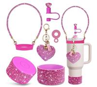 VirgoCCY 5PCS Stanley Cup Accessories Set 30&40 Oz, Includes 1 Diamond Glitter Silicone Boot, 1 Glitter Handle Strap, 1 Straw Covers,1 Straw Adapters Charm Blank with 1 Glitter Charms, Hot Pink