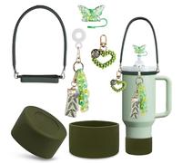 VirgoCCY 5PCS Stanley Cup Accessories Set 30&40 Oz, Includes 1 Diamond Glitter Silicone Boot, 1 Glitter Handle Strap, 1 Straw Covers,1 Straw Adapters Charm Blank with 1 Glitter Charms, Green