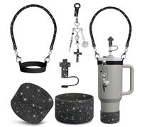 VirgoCCY 5PCS Stanley Cup Accessories Set 30&40 Oz, Includes 1 Glitter Straw Covers, 1 Glitter Handle Strap, 1 Straw Adapters Charm Blank with 1 Cross Charms and 1 Glitter Silicone Boot, Black