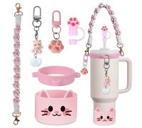 VirgoCCY 6PCS Cute Cat Stanley Cup Accessories Set for Stanley Cup 30oz 40oz, Includes Straw Topper, Siliocne Boot, Water Bottle Handle Strap, Cat Charms, Pink