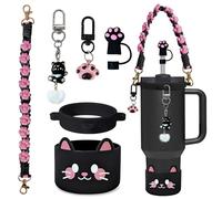 VirgoCCY 6PCS Cute Cat Stanley Cup Accessories Set for Stanley Cup 30oz 40oz, Includes Straw Topper, Siliocne Boot, Water Bottle Handle Strap, Cat Charms, Black