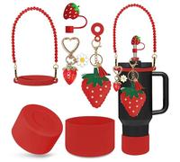 VirgoCCY 7PCS Strawberry Stanley Cup Accessories, Water Bottle Handle Strap for Stanley 30/40 oz, Including Straw Toppers, Silicone Cup Boot, Keychain Charms, Cup Decoration for Women Girls, Red