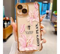 VirgoCCY Christian Bible Verse Phone Case for iPhone iPhone 14 Case, God's Plan Pink Lily Cross Shockproof Anti-Scratch Transparent TPU Case for Girls Women-Gold