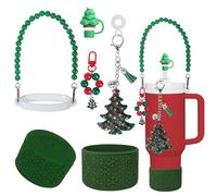 VirgoCCY Christmas Stanley Cup Accessories Set Including 1pcs 0.4in Straw Covers, 1 Water Bottle Handle Strap, 2 Cute Christmas Charms and 1 Silicone Boot for Stanley 40oz & 30oz, Green
