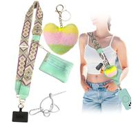 VirgoCCY Clip and Go Phone Strap with Zipper Pouch Crossbody, Adjustable Chain Lanyard Leather Wallet with Cute Furry Charms and Lovely Key Chain Holder for All Phones, Green