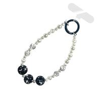 VirgoCCY Pearls Crystals Phone Charm, Luxury Bling Diamond Glitter Beaded Wrist Strap, Hanging Accessory Keychain Anti-loss Phone Lanyard Wristlet for Women Girls-Black White