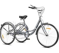 Viribus 24 Inch Adult Tricycle, 7 Speed Adult Trike 3 Wheel Cargo Bike with Basket & 205 kg Cap for Men Women Seniors, Adjustable Three Wheel Bike Cruiser Bicycle for Shopping Cycling Pedalling, Grey