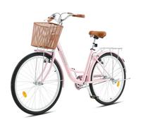 Viribus 24 Inch Vintage Ladies Bike With Basket, Dutch Style City Bicycle, Carbon Steel Frame, Dual V Brakes, Single Speed, Adjustable Seat and Handlebars, Pink