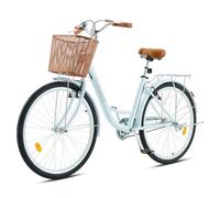 Viribus 24 Inch Vintage Ladies Bike with Basket, Dutch Style City Bicycle with Carbon Steel Frame, Dual V Brakes, Single Speed Women's Comfort Bike with Adjustable Seat and Handlebars, Mint