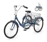 Viribus Folding Adult Tricycle, 24 Inch 3 Wheel Bike with Large Detachable Basket, 7 Speed Low Step-Through Tricycle for Men Women Seniors, Adult Trike Bike for Shopping Picnic Beach, Midnight Blue