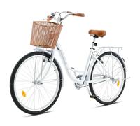 Viribus Vintage Ladies Bike with Basket, 26 Inch Girl’s Dutch Style City Bicycle with Carbon Steel Frame, Dual V Brakes, Single Speed Women’s Comfort Bike with Adjustable Seat & Handlebars, White